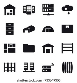 16 vector icon set : warehouse, server, cloude service, hangare, barrel