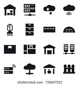 16 vector icon set : warehouse, server, cloude service, cloud wireless, crystall  memory, bunker, hangare, grain elevator