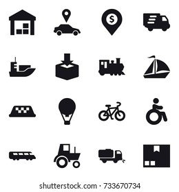 16 vector icon set : warehouse, car pointer, dollar pin, delivery, train, sail boat, taxi, air ballon, bike, invalid, tractor, sweeper, package