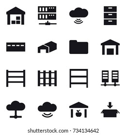 16 vector icon set : warehouse, server, cloud wireless, bunker, rack, package