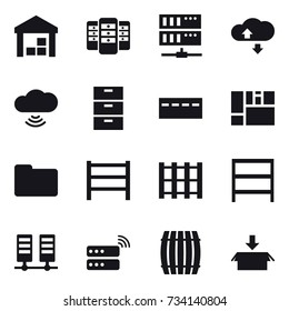 16 vector icon set : warehouse, server, cloude service, cloud wireless, bunker, rack, barrel, package