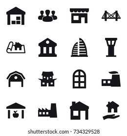 16 vector icon set : warehouse, group, shop, bridge, project, library, skyscraper, airport tower, barn, japanese house, arch window, factory, house, housing
