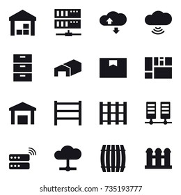 16 vector icon set : warehouse, server, cloude service, cloud wireless, barrel, grain elevator