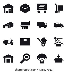 16 vector icon set : warehouse, box, delivery, cargo stoller, package