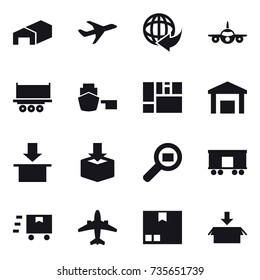 16 vector icon set : warehouse, airplane, package