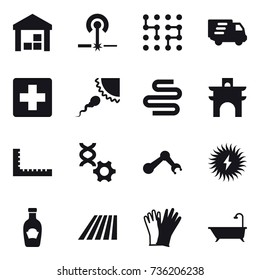 16 vector icon set : warehouse, laser, chip, delivery, arch, ruler, field, gloves, bath