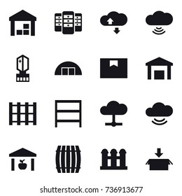 16 vector icon set : warehouse, server, cloude service, cloud wireless, crystall  memory, hangare, rack, barrel, grain elevator, package