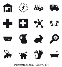 16 vector icon set : warehouse, lightning, sale, delivery, palm hammock, kolander, jug, rabbit, viruses, wasp, house cleaning, gloves, bath
