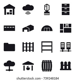 16 vector icon set : warehouse, cloud wireless, crystall  memory, bunker, hangare, rack, barrel, grain elevator