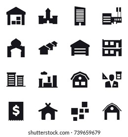 16 vector icon set : warehouse, castle, skyscraper, mall, minaret, houses, garage, modular house, district, city, house, architector, bungalow, barn