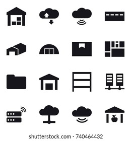 16 vector icon set : warehouse, cloude service, cloud wireless, bunker, hangare, rack
