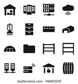 16 vector icon set : warehouse, server, cloud wireless, crystall memory, bunker, hangare, rack, barrel 16 vector icon set : warehouse, server, cloud wireless, crystall memory, bunker, hangare, rack, barrel