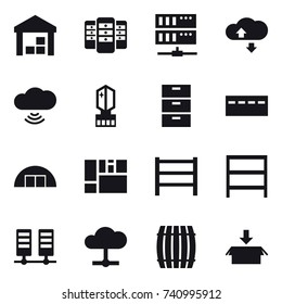 16 vector icon set : warehouse, server, cloude service, cloud wireless, crystall  memory, bunker, hangare, rack, barrel, package