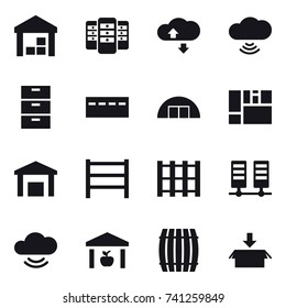 16 vector icon set : warehouse, server, cloude service, cloud wireless, bunker, hangare, barrel, package 16 vector icon set : warehouse, server, cloude service, cloud wireless, bunker, hangare, barrel, package