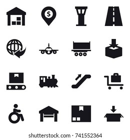 16 vector icon set : warehouse, dollar pin, airport tower, train, escalator, baggage trolley, invalid, garage, package