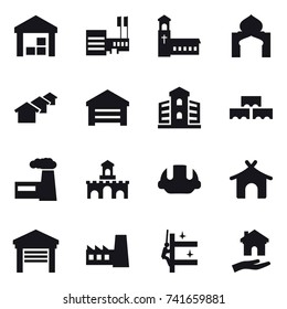 16 vector icon set : warehouse, mall, church, minaret, houses, garage, building, block wall, factory, fort, building helmet, bungalow, skyscrapers cleaning, housing