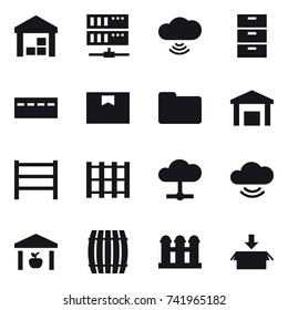 16 vector icon set : warehouse, server, cloud wireless, bunker, barrel, grain elevator, package