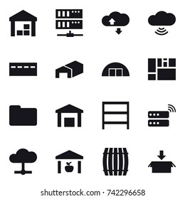 16 vector icon set : warehouse, server, cloud service, cloud wireless, bunker, hangar, rack, barrel, package