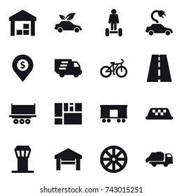 16 vector icon set : warehouse, eco car, hoverboard, electric car, dollar pin, delivery, bike, taxi, airport tower, garage, wheel, trash truck
