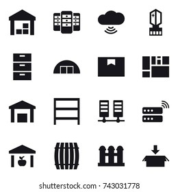16 vector icon set : warehouse, server, cloud wireless, crystall  memory, hangare, rack, barrel, grain elevator, package