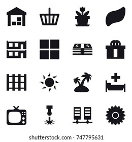 16 vector icon set : warehouse, basket, flower, modular house, window, sun, island, hospital, tv