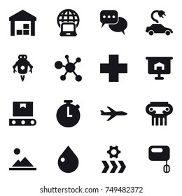 16 vector icon set : warehouse, notebook globe, discussion, electric car, jet robot, presentation, plane, antique column, landscape, drop