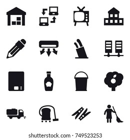 16 vector icon set : warehouse, notebook connect, tv, cottage, pencil, air conditioning, stands for knives, kitchen scales, bucket, garden, sweeper, vacuum cleaner, clothespin, brooming