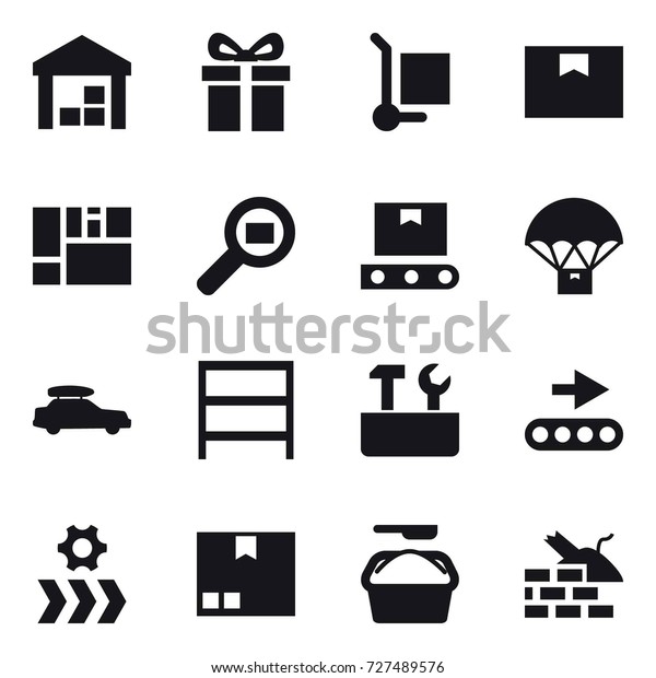 16 vector icon set : warehouse, gift, cargo\
stoller, car baggage, rack, repair tools, package, washing powder,\
construct garbage
