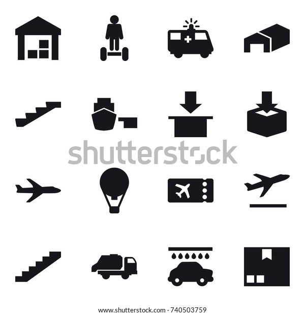 16\
vector icon set : warehouse, hoverboard, stairs, plane, air ballon,\
ticket, departure, trash truck, car wash,\
package
