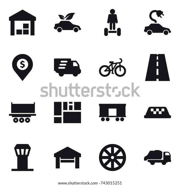 16 vector icon set : warehouse, eco car,\
hoverboard, electric car, dollar pin, delivery, bike, taxi, airport\
tower, garage, wheel, trash\
truck