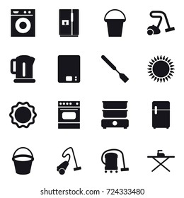 16 vector icon set : washing machine, fridge, bucket, vacuum cleaner, kettle, kitchen scales, spatula, iron board