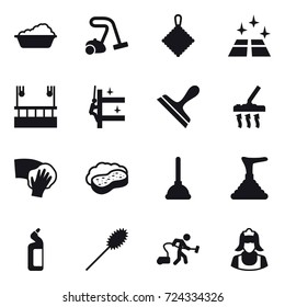 16 vector icon set : washing, vacuum cleaner, rag, clean floor, skyscapers cleaning, skyscrapers cleaning, scraper, wiping, sponge with foam, plunger, toilet cleanser, duster, cleaner
