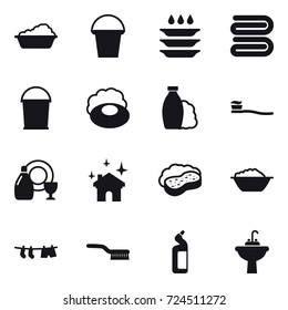 16 vector icon set : washing, bucket, plate washing, towel, soap, shampoo, tooth brush, dish cleanser, house cleaning, sponge with foam, foam basin, drying clothe, brush, toilet cleanser