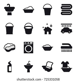 16 vector icon set : washing, bucket, towel, house cleaning, car wash, sponge with foam, washing machine, foam basin, brush, toilet cleanser, water tap sink, floor washing, handle washing