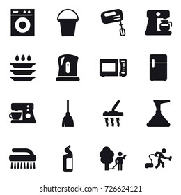 16 vector icon set : washing machine, bucket, mixer, coffee maker, plate washing, kettle, broom, vacuum cleaner, plunger, brush, toilet cleanser, garden cleaning
