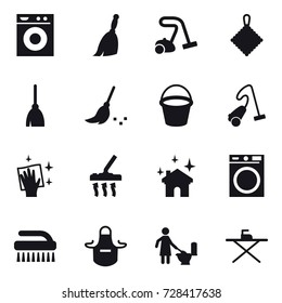16 vector icon set : washing machine, broom, vacuum cleaner, rag, bucket, wiping, house cleaning, brush, apron, toilet cleaning, iron board