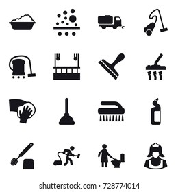 16 vector icon set : washing, sweeper, vacuum cleaner, skyscapers cleaning, scraper, wiping, plunger, brush, toilet cleanser, toilet brush, toilet cleaning, cleaner