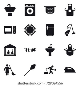 16 vector icon set : washing machine, colander, apron, vacuum cleaner, utility room, drying clothe, water tap sink, brooming, duster, iron