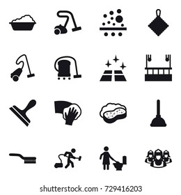16 vector icon set : washing, vacuum cleaner, rag, clean floor, skyscapers cleaning, scraper, wiping, sponge with foam, plunger, brush, toilet cleaning, outsource