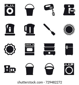 16 vector icon set : washing machine, bucket, mixer, coffee maker, kettle, spatula