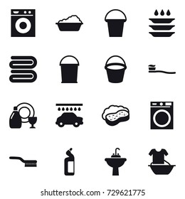 16 vector icon set : washing machine, washing, bucket, plate washing, towel, tooth brush, dish cleanser, car wash, sponge with foam, brush, toilet cleanser, water tap sink, handle washing