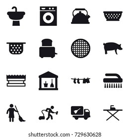 16 vector icon set : washing machine, kettle, kolander, colander, pig, sponge, utility room, drying clothe, brush, brooming, vacuum cleaner, home call cleaning, iron board