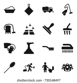 16 vector icon set : washing, rag, sweeper, vacuum cleaner, clean floor, scraper, wiping, plunger, brush, duster, toilet cleaning, outsource