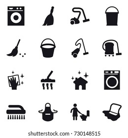 16 vector icon set : washing machine, broom, vacuum cleaner, bucket, wiping, house cleaning, brush, apron, toilet cleaning, floor washing