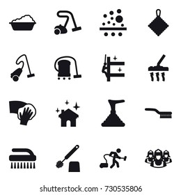 16 vector icon set : washing, vacuum cleaner, rag, skyscrapers cleaning, wiping, house cleaning, plunger, brush, toilet brush, outsource