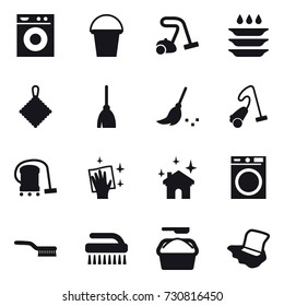 16 vector icon set : washing machine, bucket, vacuum cleaner, plate washing, rag, broom, wiping, house cleaning, brush, washing powder, floor washing