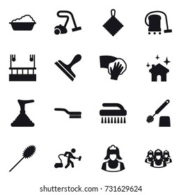 16 vector icon set : washing, vacuum cleaner, rag, skyscapers cleaning, scraper, wiping, house cleaning, plunger, brush, toilet brush, duster, cleaner, outsource