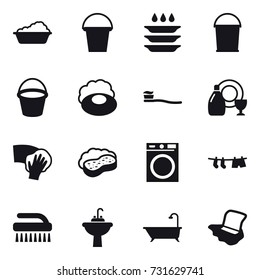16 vector icon set : washing, bucket, plate washing, soap, tooth brush, dish cleanser, wiping, sponge with foam, washing machine, drying clothe, brush, water tap sink, bath, floor washing