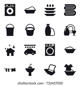 16 vector icon set : washing machine, washing, plate washing, towel, bucket, shampoo, dish cleanser, house cleaning, car wash, foam basin, drying clothe, water tap sink, floor washing