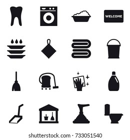16 vector icon set : washing machine, washing, welcome mat, plate washing, rag, towel, bucket, broom, vacuum cleaner, wiping, cleanser, scoop, utility room, plunger, toilet